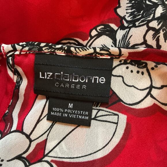 Liz Claiborne Red Multi Color Floral Semi Sheer Long Sleeve Coquett Top M - Picture 5 of 7